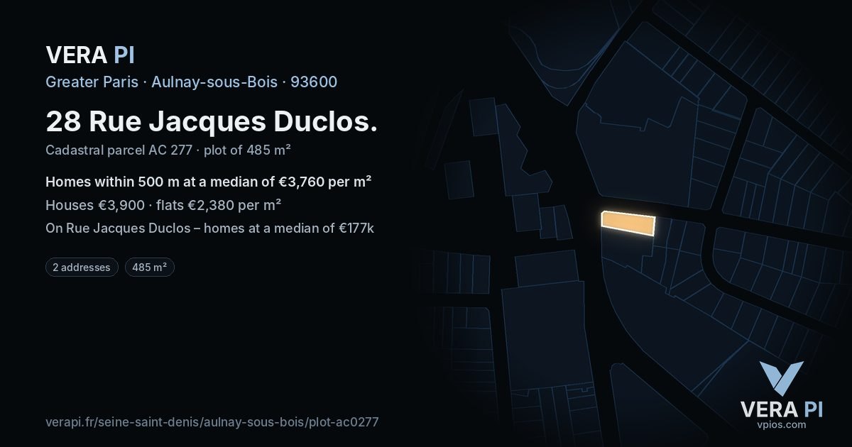 28 Rue Jacques Duclos, Aulnay-sous-Bois at night – the plot lit, the parcels around coloured by the prices near them