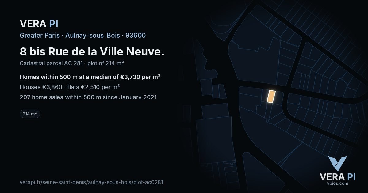 8 bis Rue de la Ville Neuve, Aulnay-sous-Bois at night – the plot lit, the parcels around coloured by the prices near them