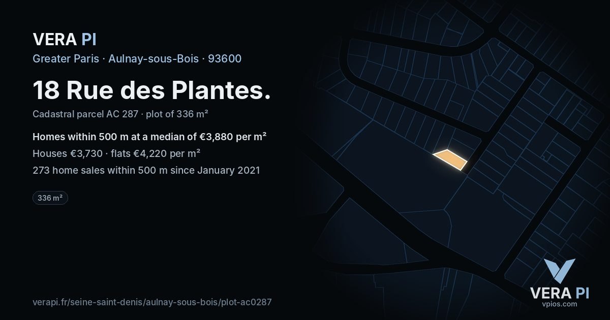 18 Rue des Plantes, Aulnay-sous-Bois at night – the plot lit, the parcels around coloured by the prices near them
