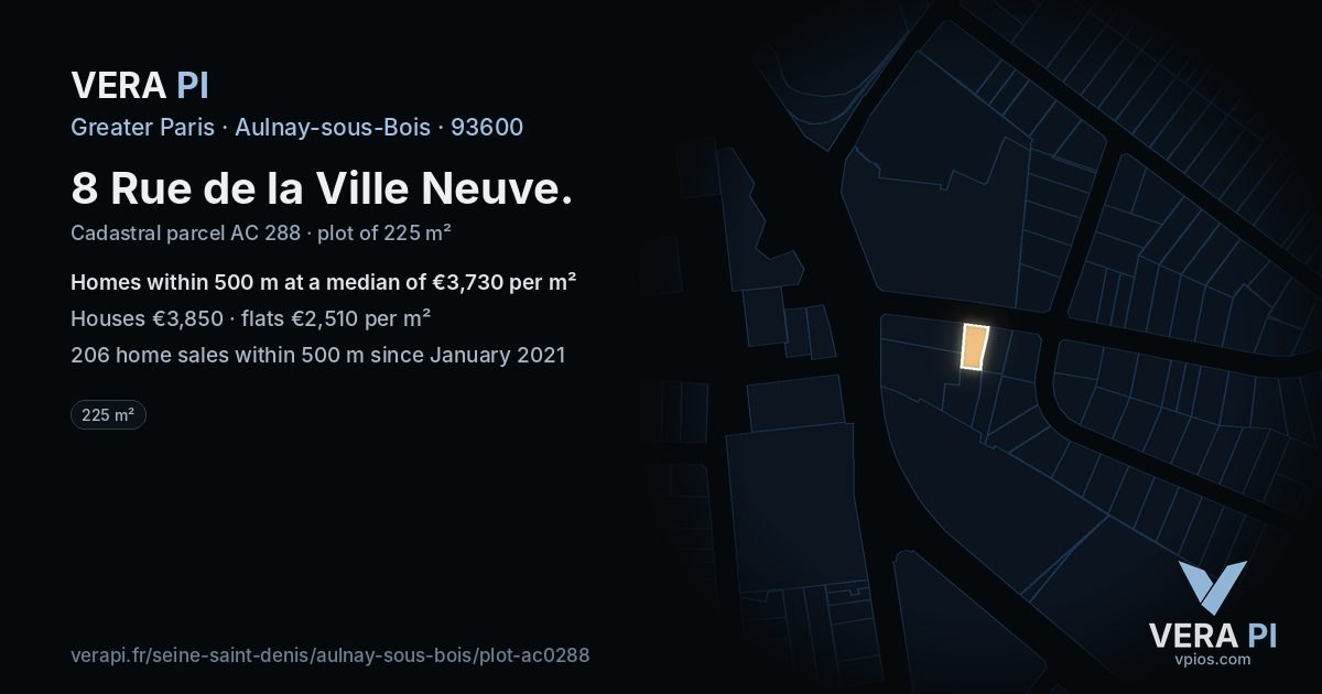 8 Rue de la Ville Neuve, Aulnay-sous-Bois at night – the plot lit, the parcels around coloured by the prices near them