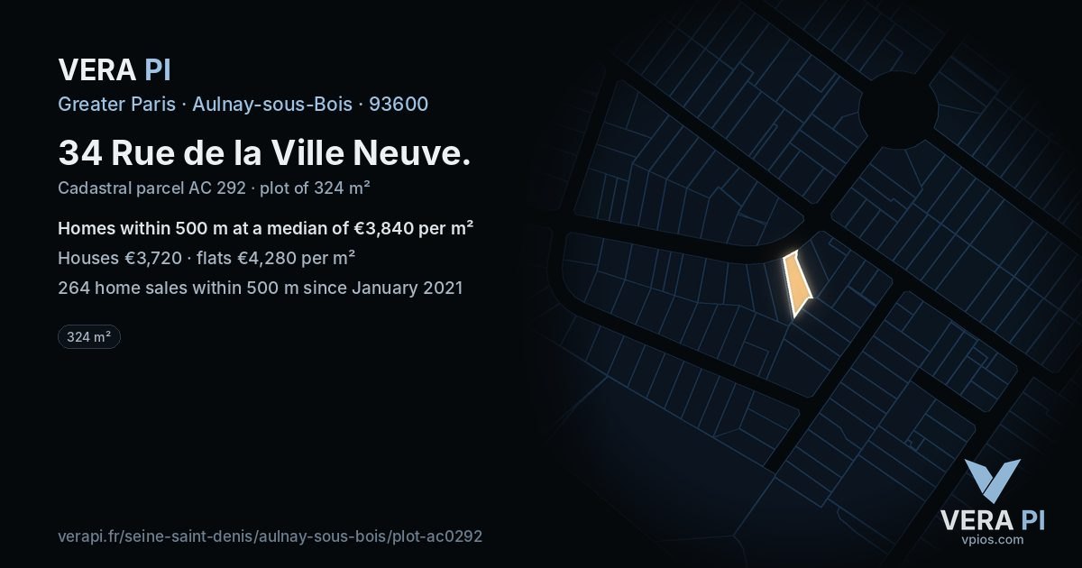34 Rue de la Ville Neuve, Aulnay-sous-Bois at night – the plot lit, the parcels around coloured by the prices near them