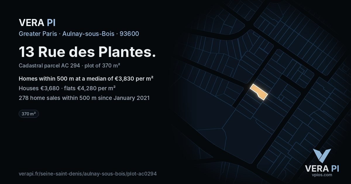 13 Rue des Plantes, Aulnay-sous-Bois at night – the plot lit, the parcels around coloured by the prices near them