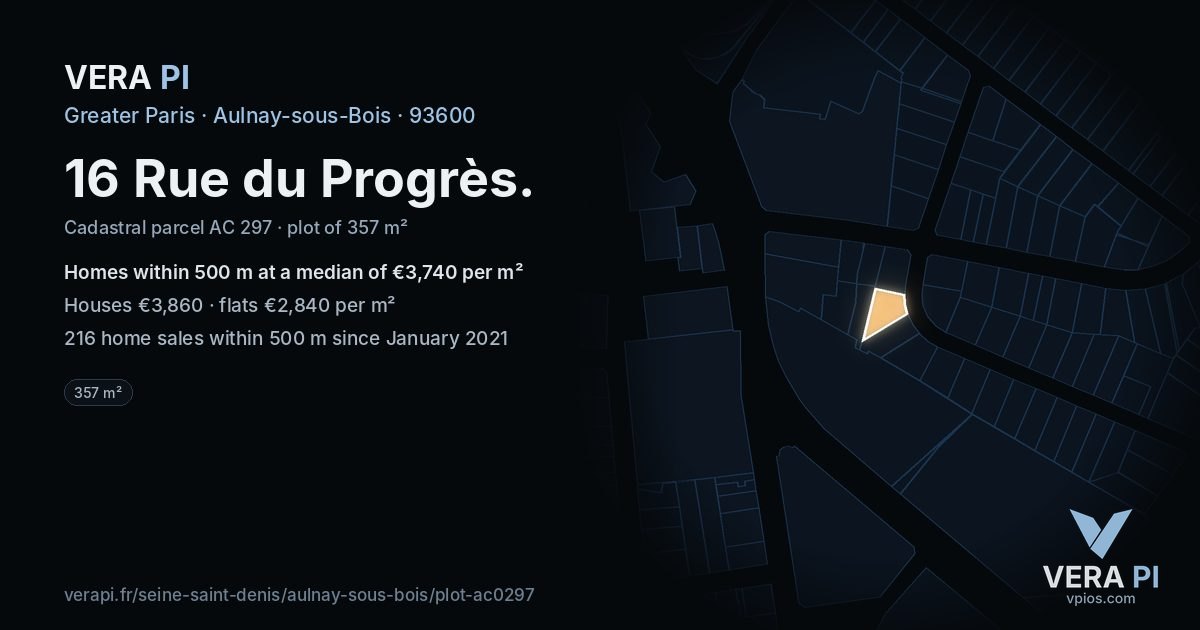 16 Rue du Progrès, Aulnay-sous-Bois at night – the plot lit, the parcels around coloured by the prices near them