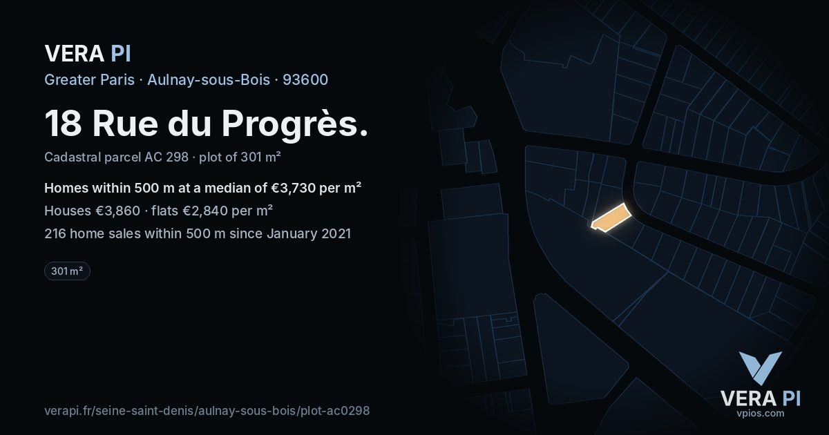 18 Rue du Progrès, Aulnay-sous-Bois at night – the plot lit, the parcels around coloured by the prices near them
