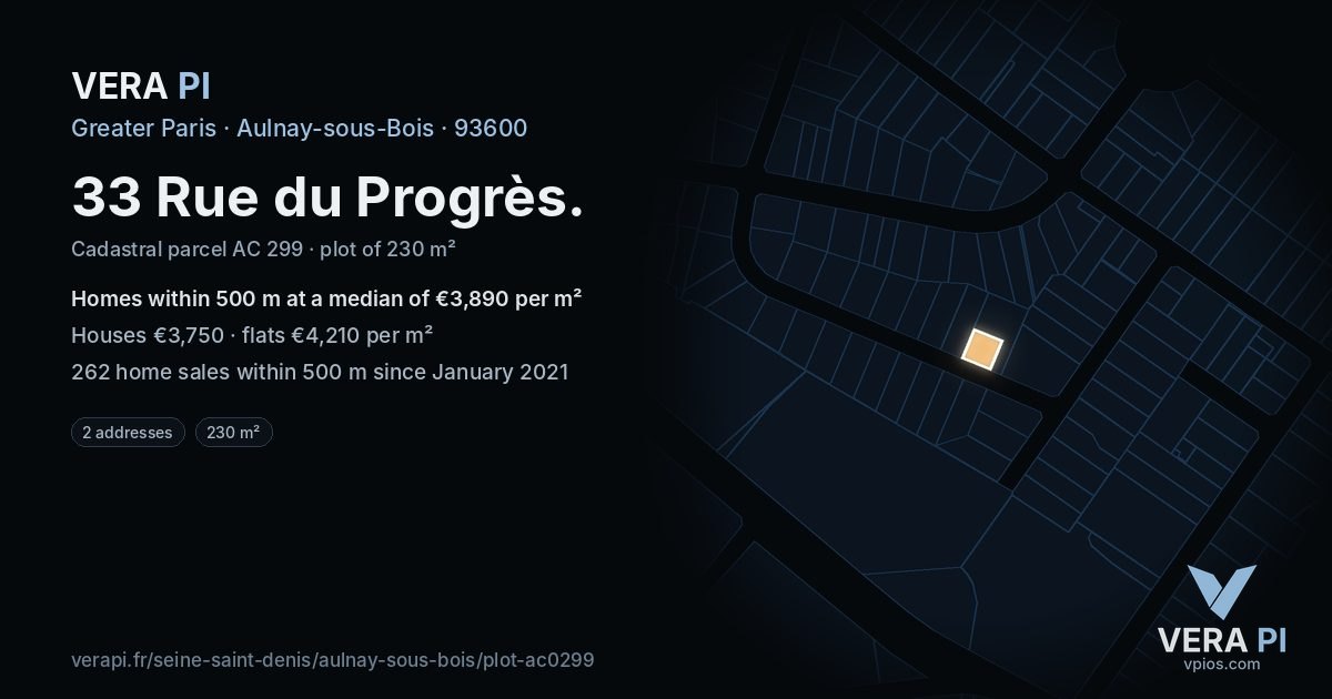 33 Rue du Progrès, Aulnay-sous-Bois at night – the plot lit, the parcels around coloured by the prices near them
