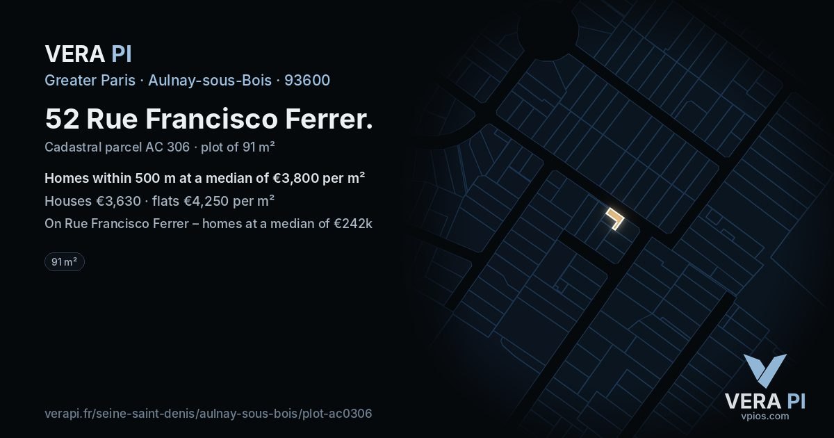 52 Rue Francisco Ferrer, Aulnay-sous-Bois at night – the plot lit, the parcels around coloured by the prices near them