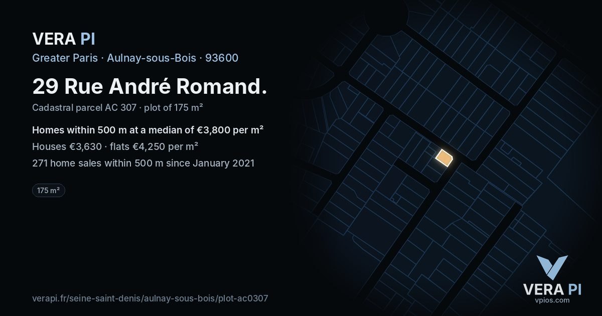 29 Rue André Romand, Aulnay-sous-Bois at night – the plot lit, the parcels around coloured by the prices near them