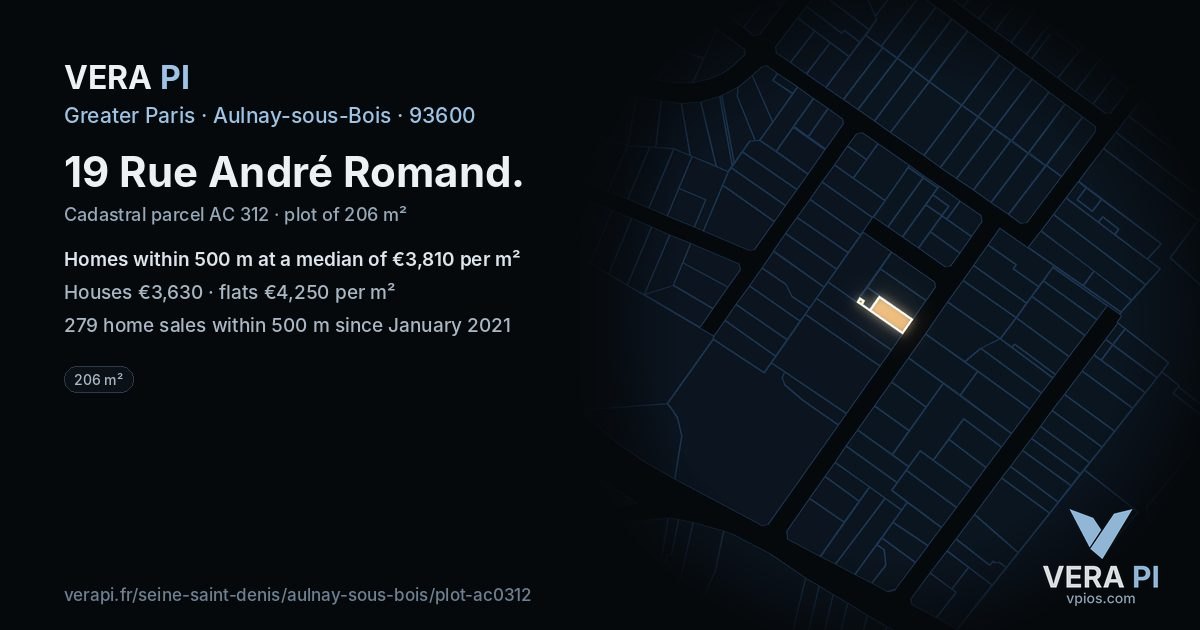 19 Rue André Romand, Aulnay-sous-Bois at night – the plot lit, the parcels around coloured by the prices near them