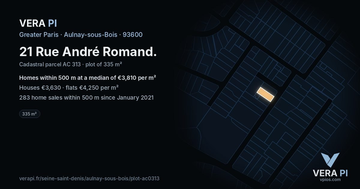 21 Rue André Romand, Aulnay-sous-Bois at night – the plot lit, the parcels around coloured by the prices near them