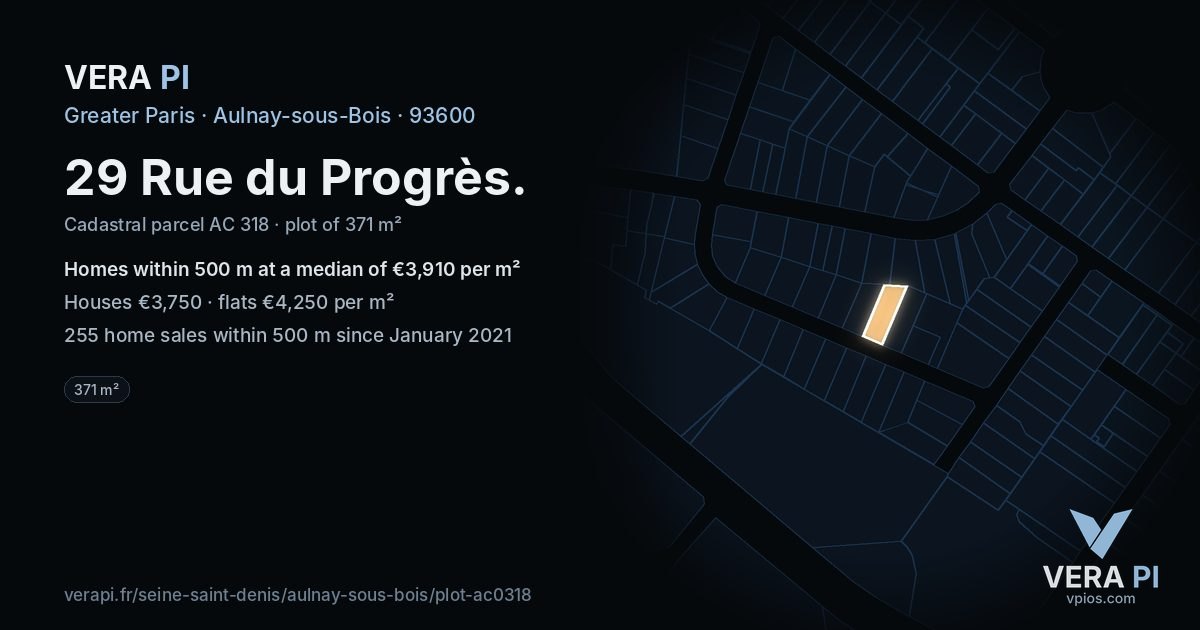 29 Rue du Progrès, Aulnay-sous-Bois at night – the plot lit, the parcels around coloured by the prices near them