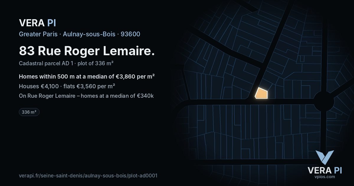 83 Rue Roger Lemaire, Aulnay-sous-Bois at night – the plot lit, the parcels around coloured by the prices near them