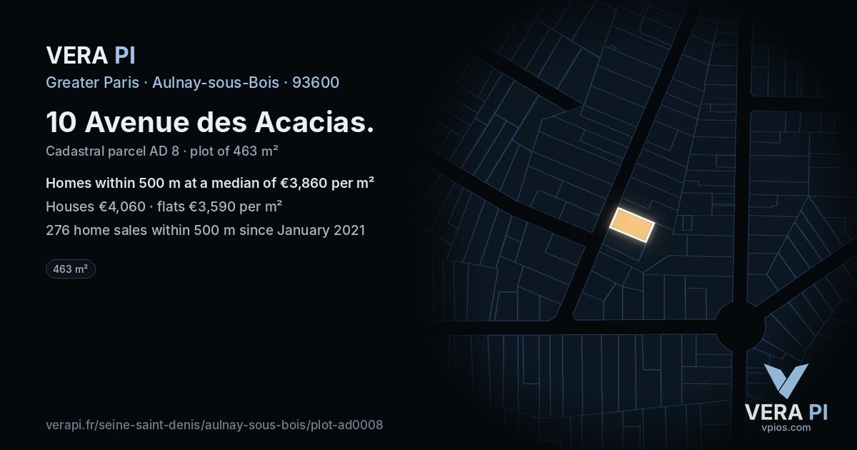 10 Avenue des Acacias, Aulnay-sous-Bois at night – the plot lit, the parcels around coloured by the prices near them