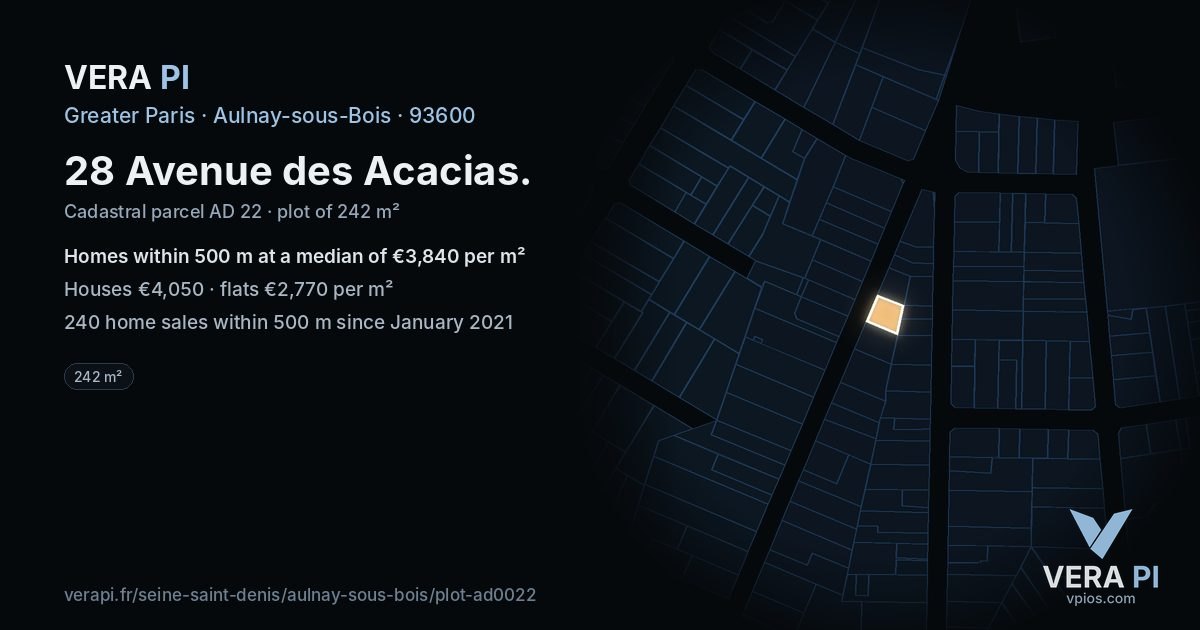 28 Avenue des Acacias, Aulnay-sous-Bois at night – the plot lit, the parcels around coloured by the prices near them