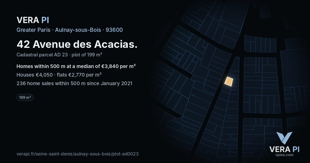 42 Avenue des Acacias, Aulnay-sous-Bois at night – the plot lit, the parcels around coloured by the prices near them