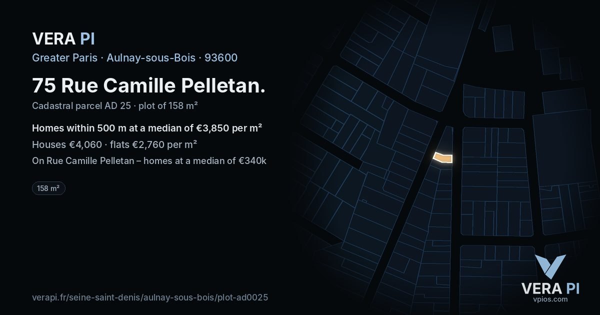 75 Rue Camille Pelletan, Aulnay-sous-Bois at night – the plot lit, the parcels around coloured by the prices near them