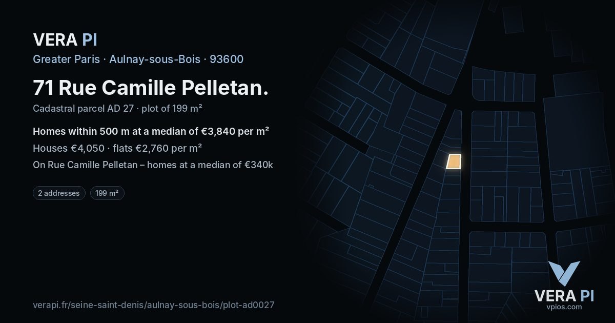 71 Rue Camille Pelletan, Aulnay-sous-Bois at night – the plot lit, the parcels around coloured by the prices near them
