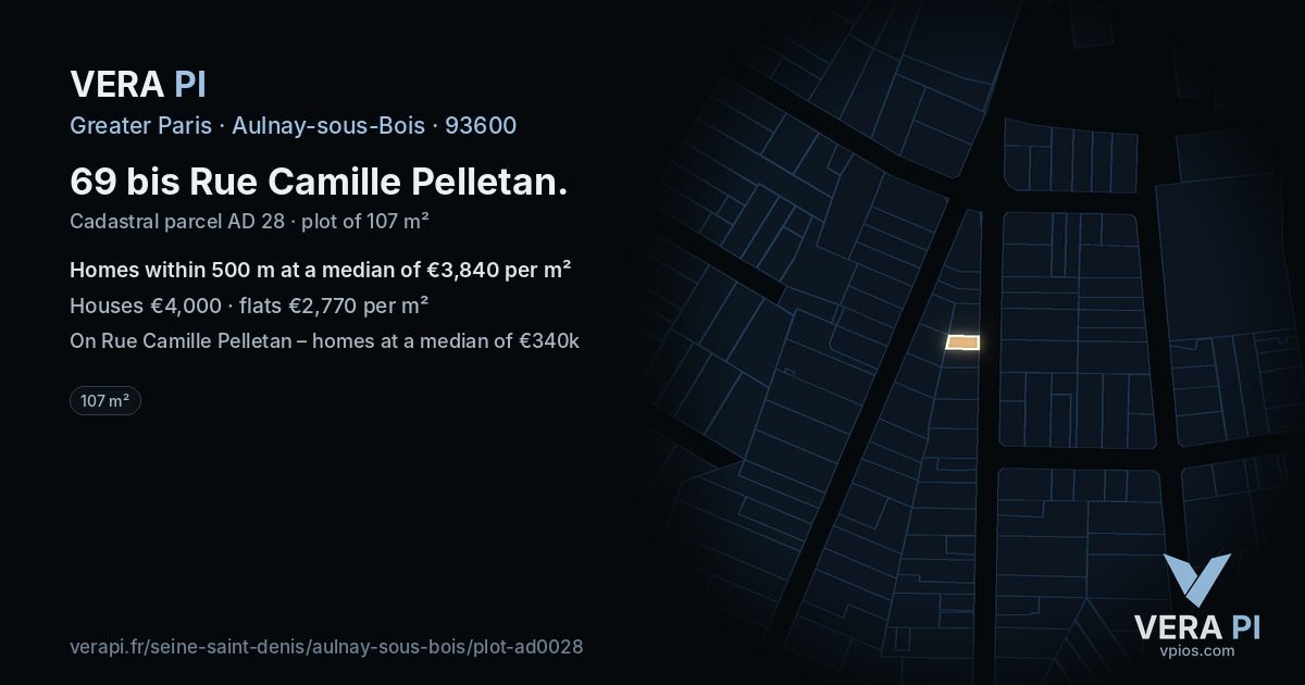 69 bis Rue Camille Pelletan, Aulnay-sous-Bois at night – the plot lit, the parcels around coloured by the prices near them