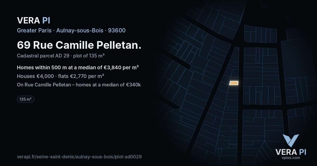 69 Rue Camille Pelletan, Aulnay-sous-Bois at night – the plot lit, the parcels around coloured by the prices near them