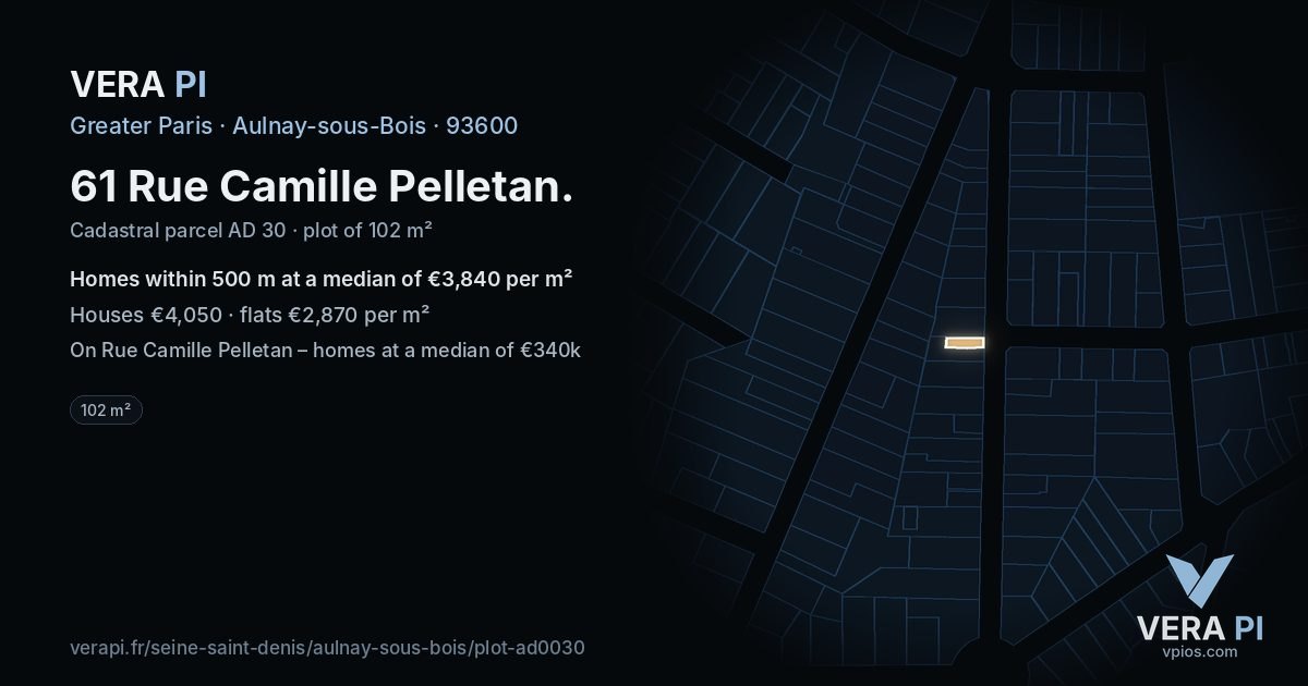 61 Rue Camille Pelletan, Aulnay-sous-Bois at night – the plot lit, the parcels around coloured by the prices near them