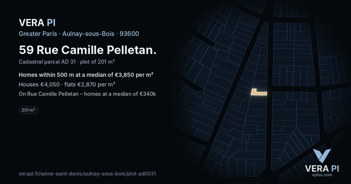 59 Rue Camille Pelletan, Aulnay-sous-Bois at night – the plot lit, the parcels around coloured by the prices near them