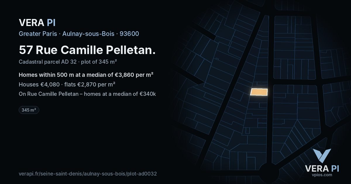 57 Rue Camille Pelletan, Aulnay-sous-Bois at night – the plot lit, the parcels around coloured by the prices near them