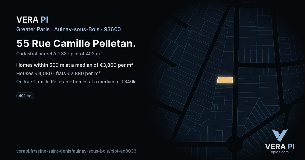 55 Rue Camille Pelletan, Aulnay-sous-Bois at night – the plot lit, the parcels around coloured by the prices near them