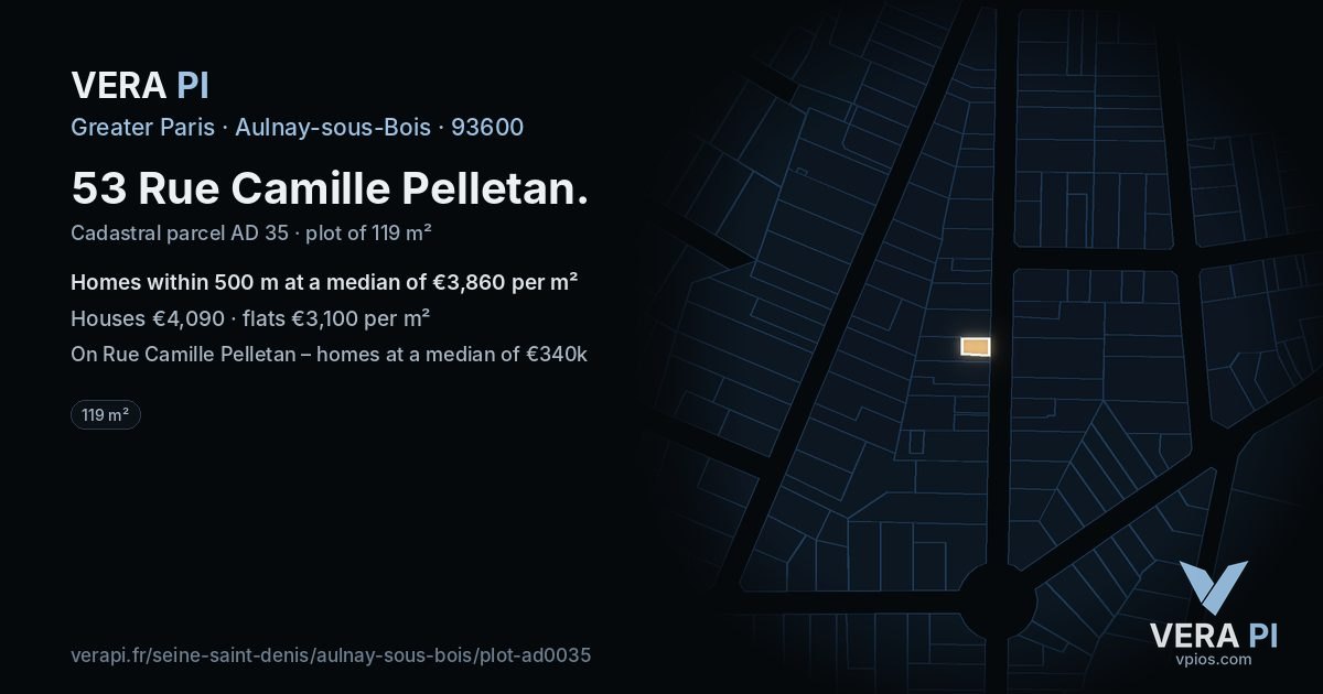 53 Rue Camille Pelletan, Aulnay-sous-Bois at night – the plot lit, the parcels around coloured by the prices near them