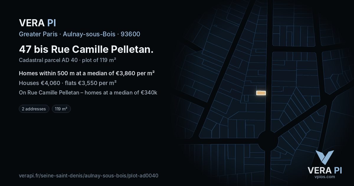 47 bis Rue Camille Pelletan, Aulnay-sous-Bois at night – the plot lit, the parcels around coloured by the prices near them