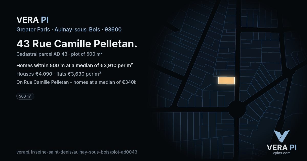 43 Rue Camille Pelletan, Aulnay-sous-Bois at night – the plot lit, the parcels around coloured by the prices near them