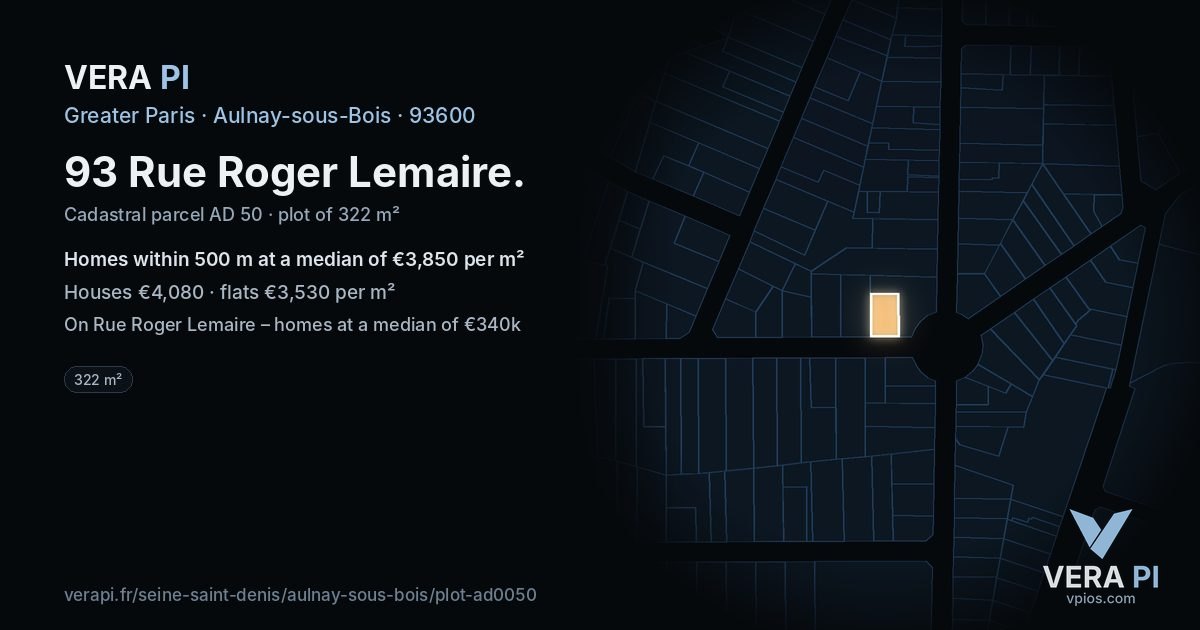 93 Rue Roger Lemaire, Aulnay-sous-Bois at night – the plot lit, the parcels around coloured by the prices near them