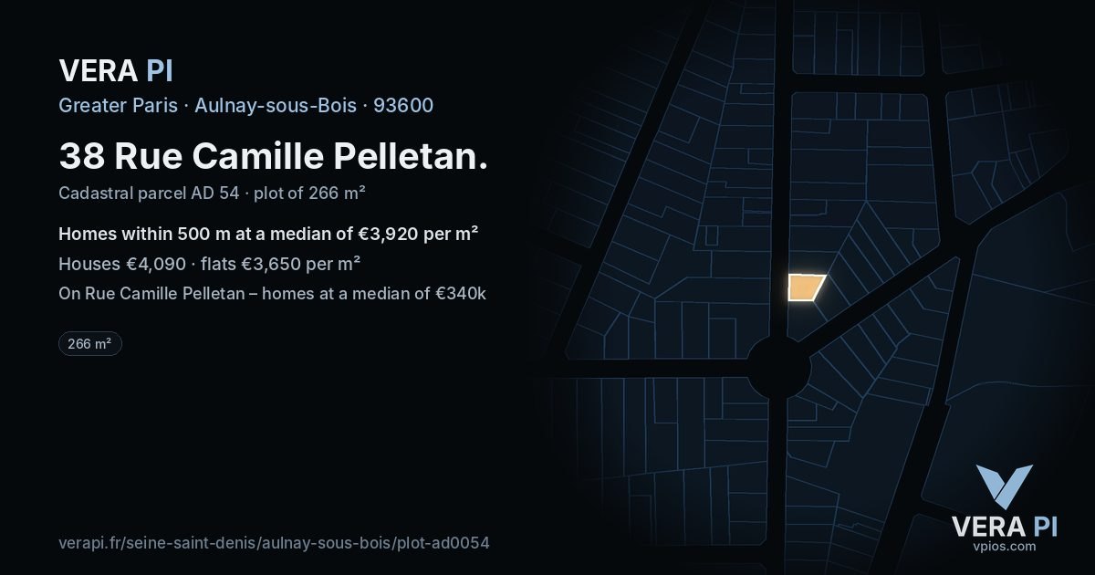 38 Rue Camille Pelletan, Aulnay-sous-Bois at night – the plot lit, the parcels around coloured by the prices near them
