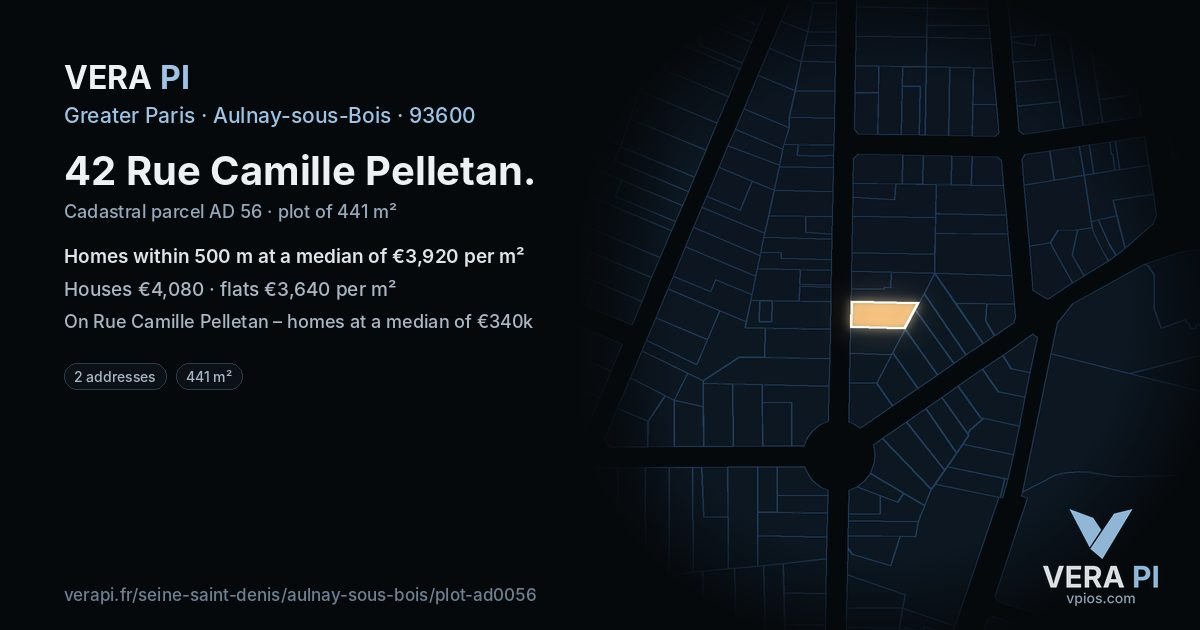 42 Rue Camille Pelletan, Aulnay-sous-Bois at night – the plot lit, the parcels around coloured by the prices near them