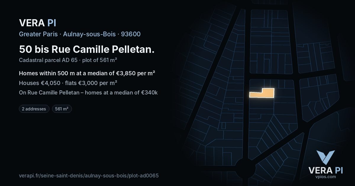 50 bis Rue Camille Pelletan, Aulnay-sous-Bois at night – the plot lit, the parcels around coloured by the prices near them