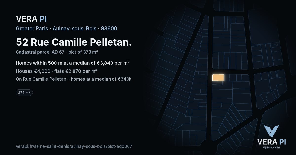 52 Rue Camille Pelletan, Aulnay-sous-Bois at night – the plot lit, the parcels around coloured by the prices near them