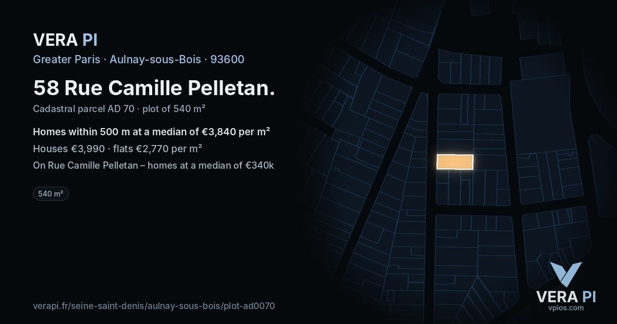 58 Rue Camille Pelletan, Aulnay-sous-Bois at night – the plot lit, the parcels around coloured by the prices near them