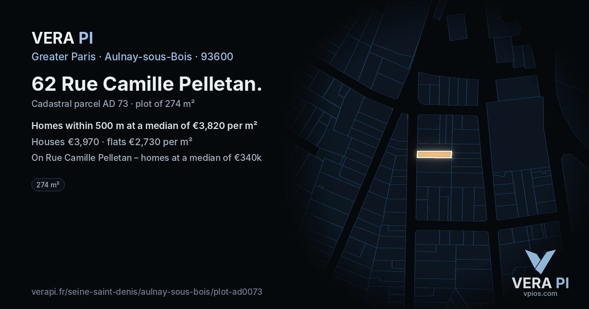 62 Rue Camille Pelletan, Aulnay-sous-Bois at night – the plot lit, the parcels around coloured by the prices near them