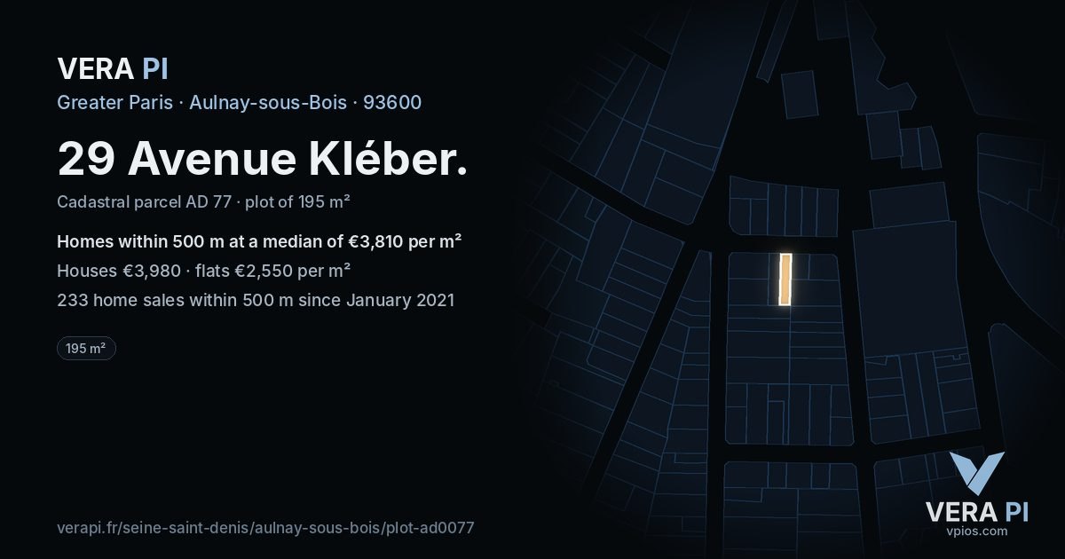 29 Avenue Kléber, Aulnay-sous-Bois at night – the plot lit, the parcels around coloured by the prices near them