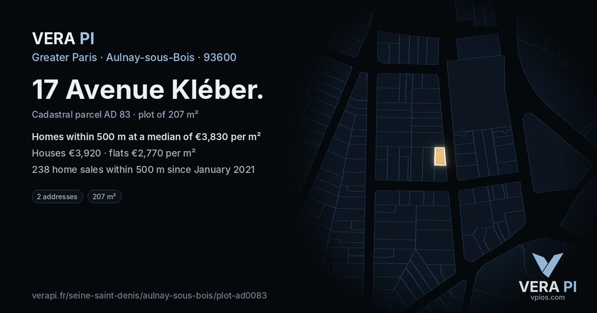 17 Avenue Kléber, Aulnay-sous-Bois at night – the plot lit, the parcels around coloured by the prices near them