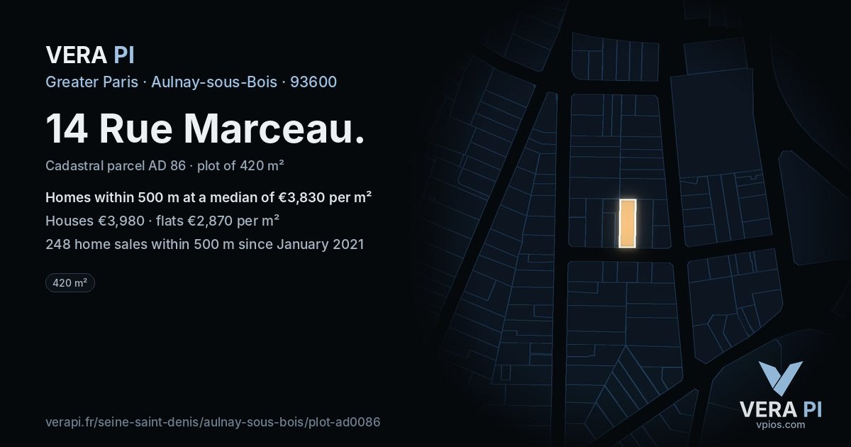 14 Rue Marceau, Aulnay-sous-Bois at night – the plot lit, the parcels around coloured by the prices near them