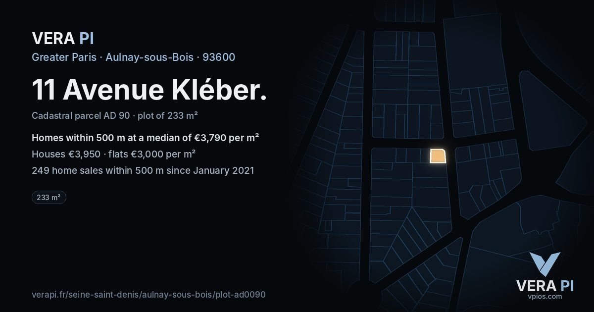 11 Avenue Kléber, Aulnay-sous-Bois at night – the plot lit, the parcels around coloured by the prices near them