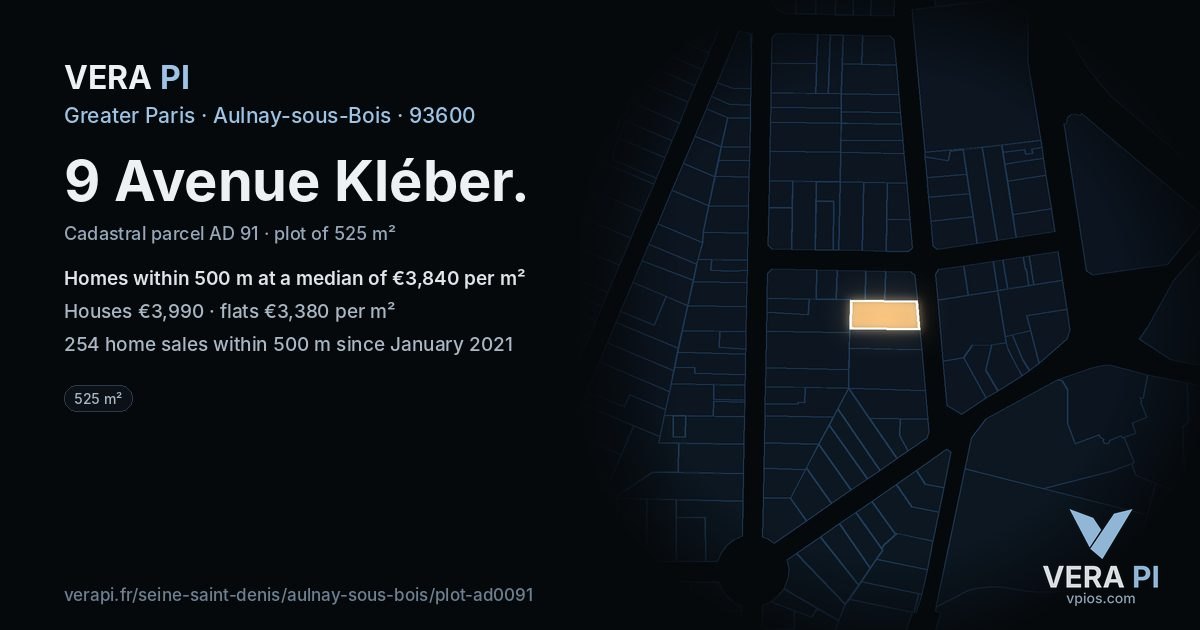 9 Avenue Kléber, Aulnay-sous-Bois at night – the plot lit, the parcels around coloured by the prices near them