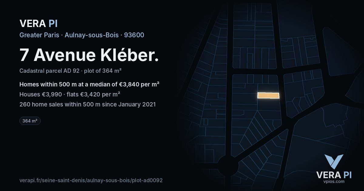 7 Avenue Kléber, Aulnay-sous-Bois at night – the plot lit, the parcels around coloured by the prices near them