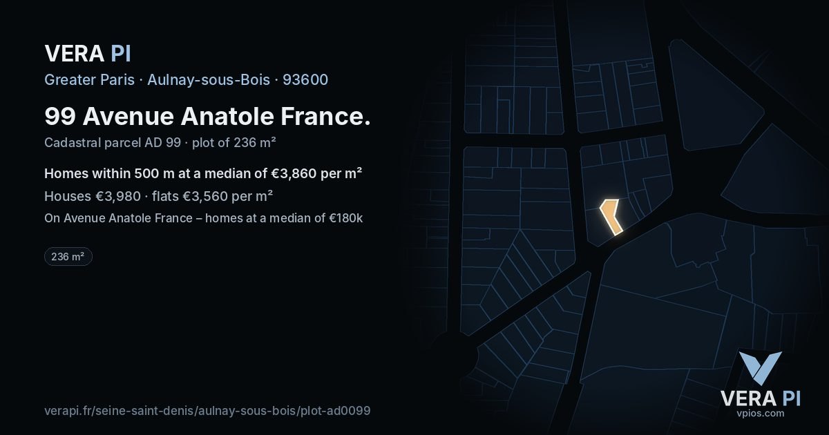 99 Avenue Anatole France, Aulnay-sous-Bois at night – the plot lit, the parcels around coloured by the prices near them