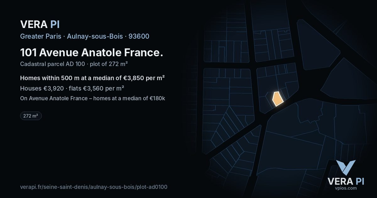 101 Avenue Anatole France, Aulnay-sous-Bois at night – the plot lit, the parcels around coloured by the prices near them