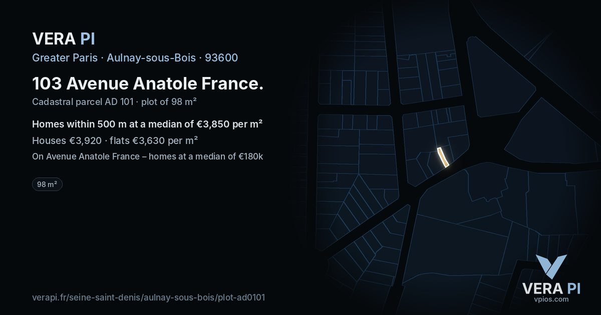 103 Avenue Anatole France, Aulnay-sous-Bois at night – the plot lit, the parcels around coloured by the prices near them