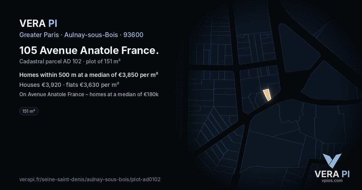 105 Avenue Anatole France, Aulnay-sous-Bois at night – the plot lit, the parcels around coloured by the prices near them