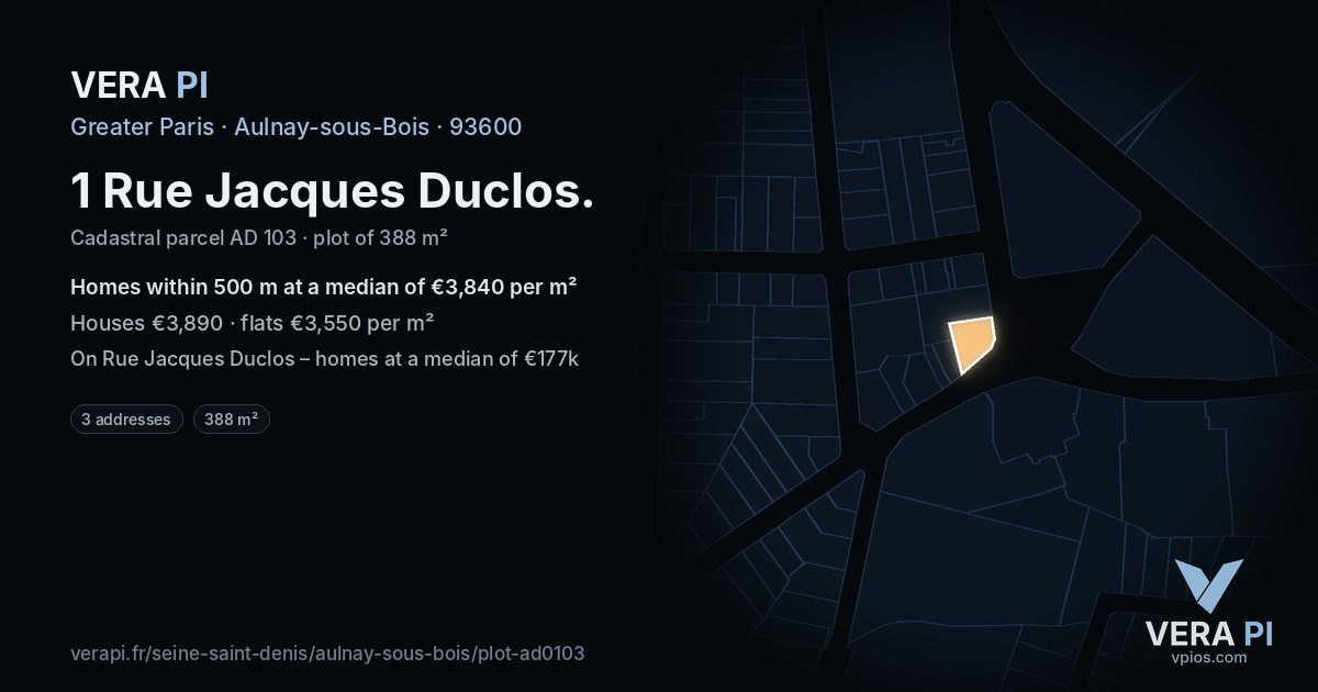 1 Rue Jacques Duclos, Aulnay-sous-Bois at night – the plot lit, the parcels around coloured by the prices near them