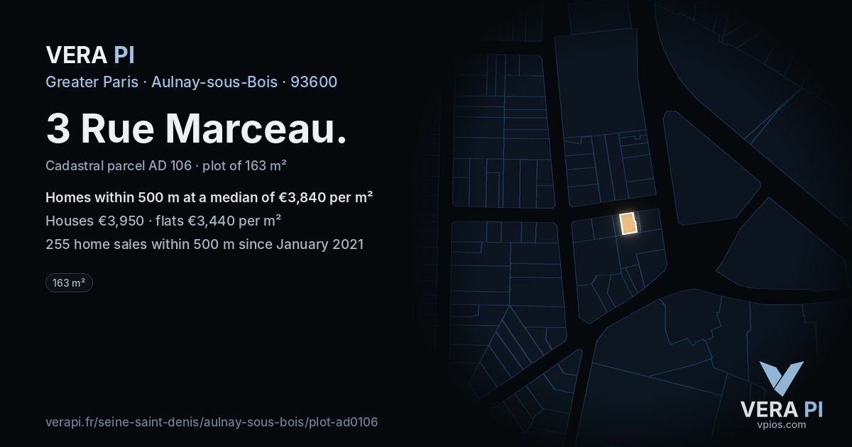 3 Rue Marceau, Aulnay-sous-Bois at night – the plot lit, the parcels around coloured by the prices near them