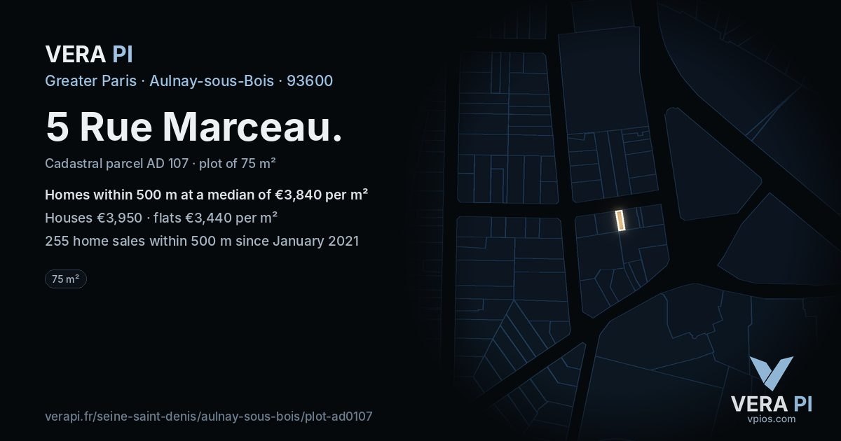 5 Rue Marceau, Aulnay-sous-Bois at night – the plot lit, the parcels around coloured by the prices near them