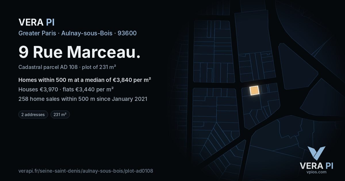 9 Rue Marceau, Aulnay-sous-Bois at night – the plot lit, the parcels around coloured by the prices near them